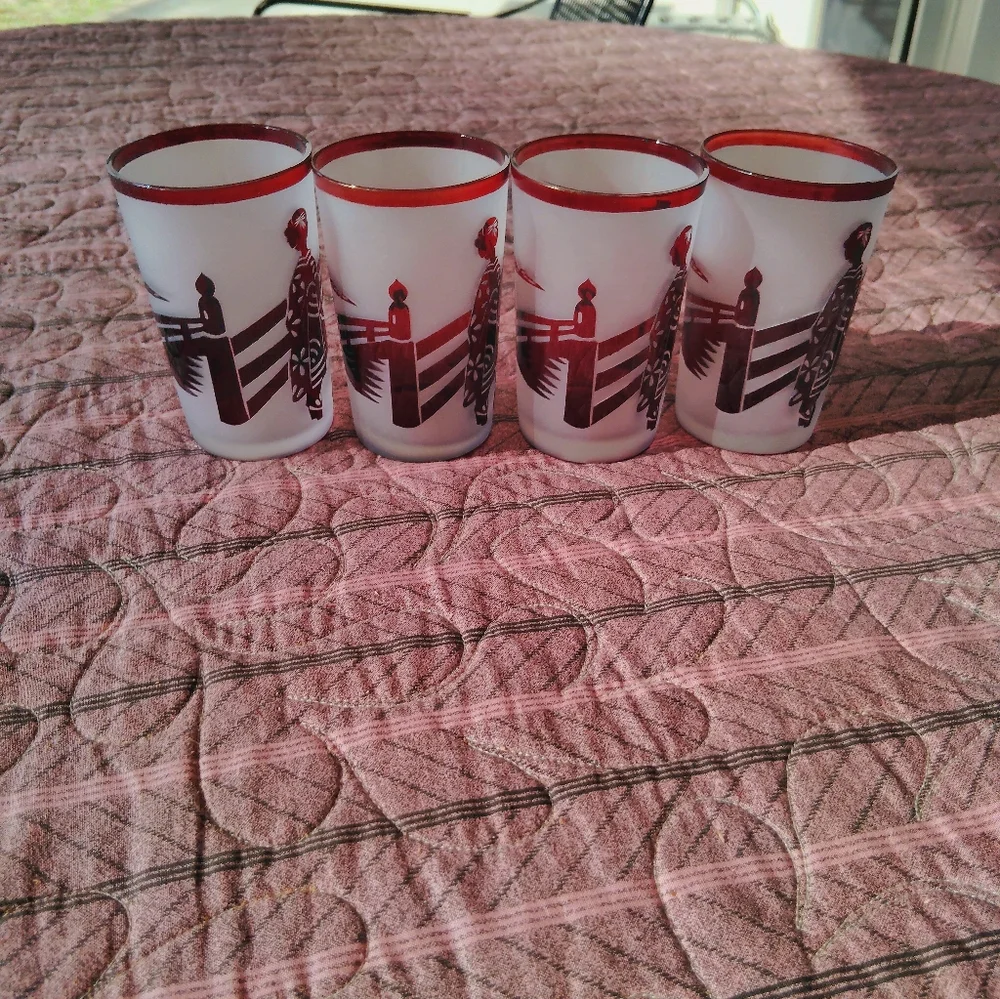 4 Vintage MCM Noritake Frosted Ruby Red Drinking Glasses Barware Bar